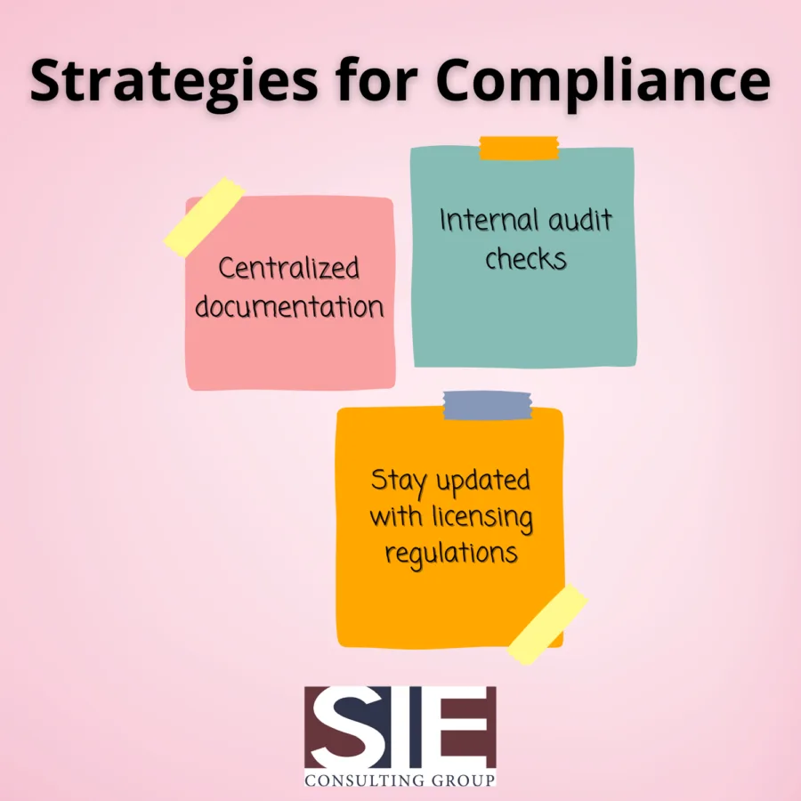 An informative graphic on software compliance within Software Asset Lifecycle Management (SALM), highlighting key strategies such as centralized documentation, audit readiness, and staying informed on licensing changes.