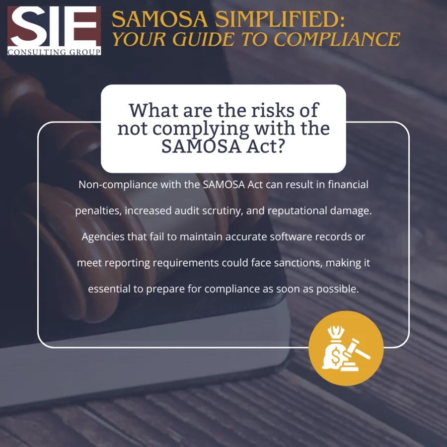 Non-compliance with the SAMOSA Act can result in financial penalties, increased audit scrutiny, and reputational damage. Agencies that fail to maintain accurate software records or meet reporting requirements could face sanctions, making it essential to prepare for compliance as soon as possible.